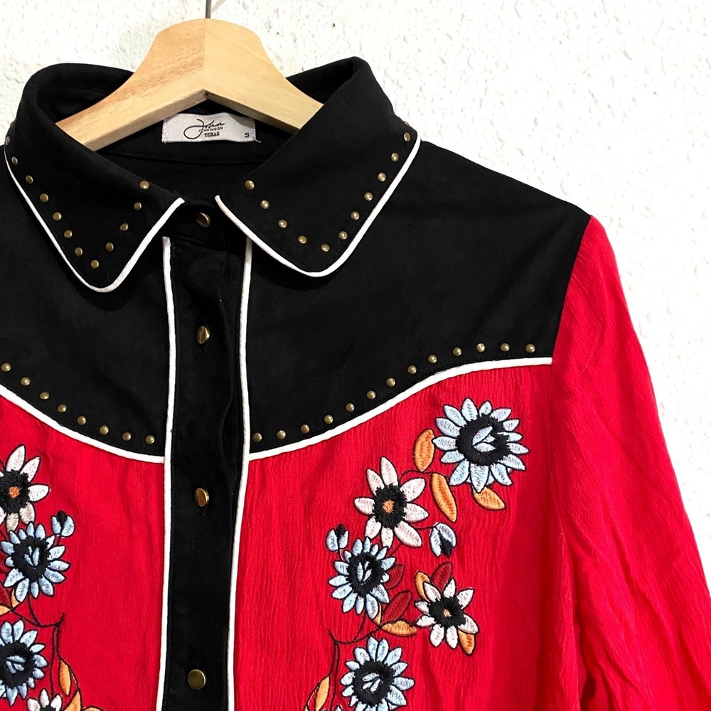John Moon Texas Western Shirt Red Black Floral Fringe Small cowboy festival boho